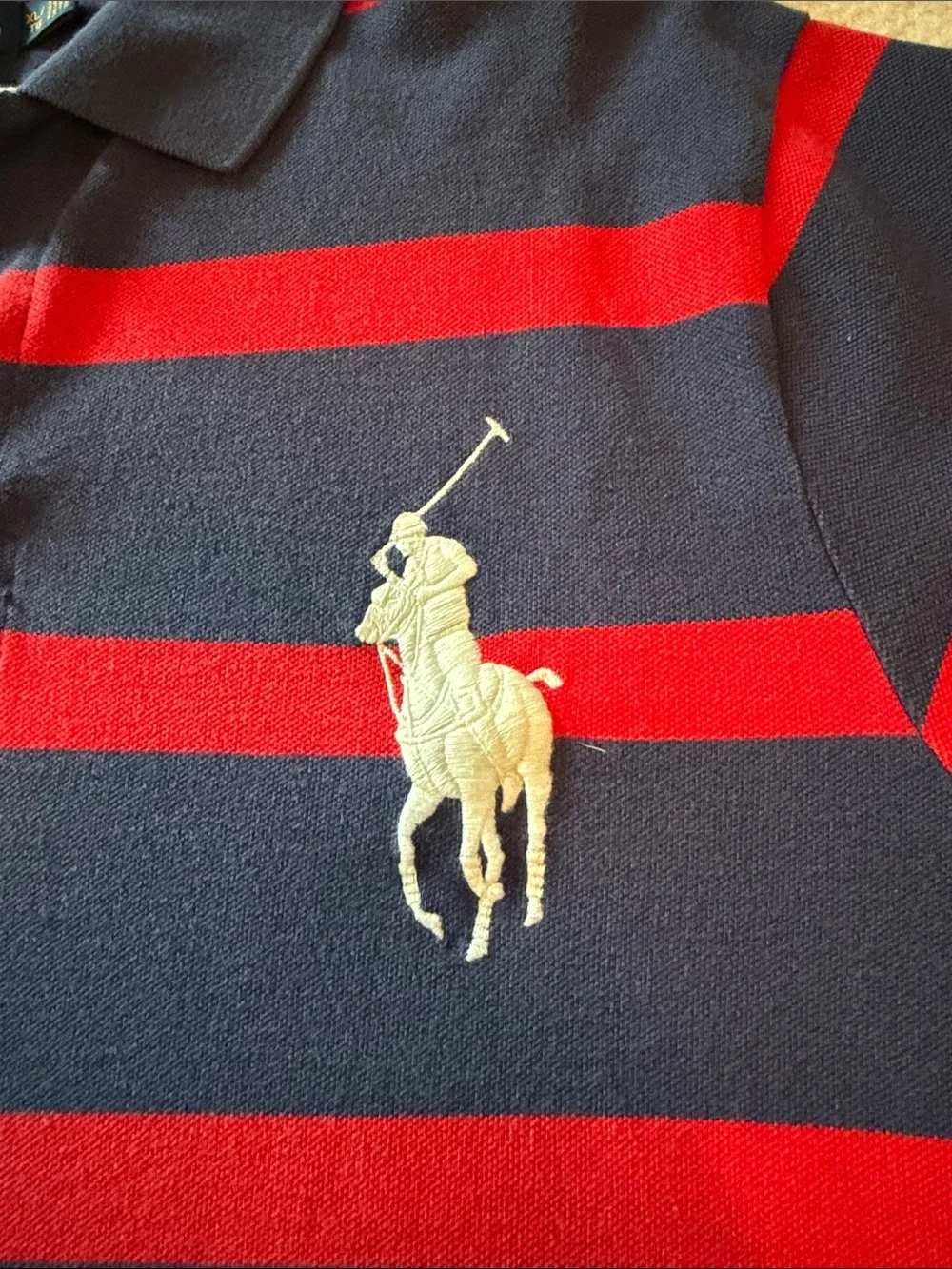 Polo by Ralph Lauren Navy and Red Striped Polo with Crest & Pony